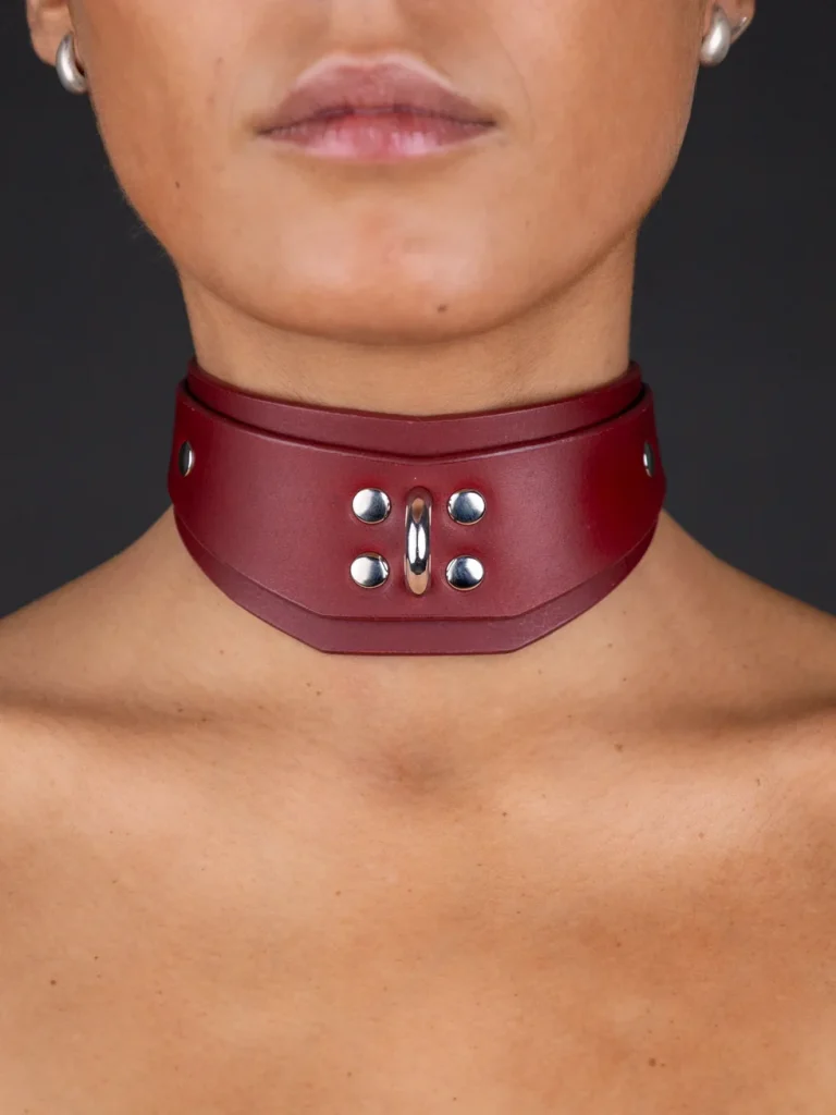 Red Leather Posture Collar by Ludosati Thick red leather BDSM posture collar with front O-ring and silver rivets
